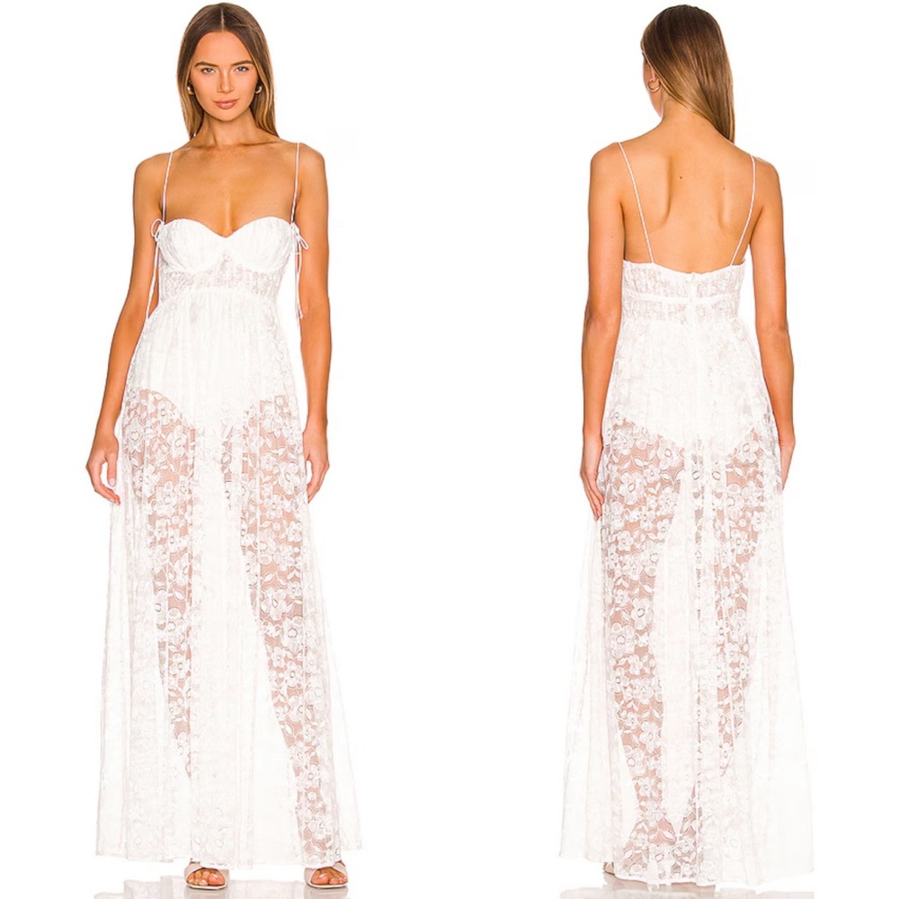 NEW NWT For Love & Lemons Lorena Lace Bodysuit Maxi Dress In White